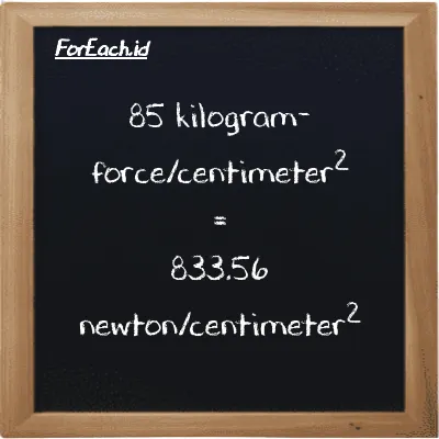 How to convert kilogram-force/centimeter<sup>2</sup> to newton/centimeter<sup>2</sup>: 85 kilogram-force/centimeter<sup>2</sup> (kgf/cm<sup>2</sup>) is equivalent to 85 times 9.8066 newton/centimeter<sup>2</sup> (N/cm<sup>2</sup>)